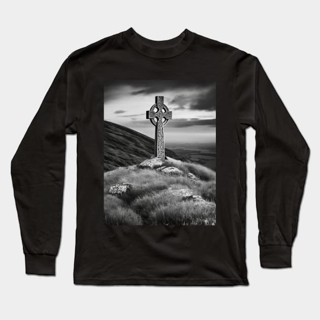 Tall Celtic Cross on the hills of Ireland on a cloudy day in black and white. Long Sleeve T-Shirt by DesignsbyZazz